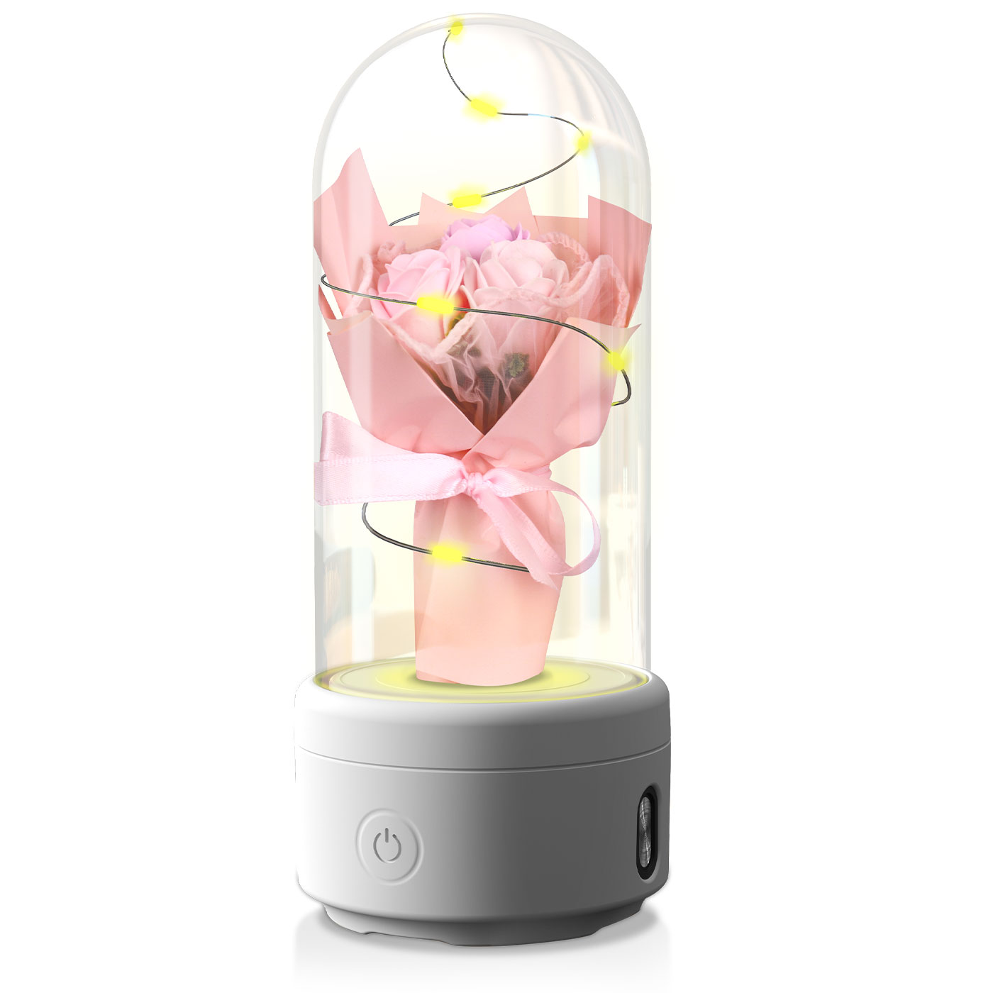 2-in-1 Rose Bouquet LED Night Light with Bluetooth Speaker – Gift in Glass Dome