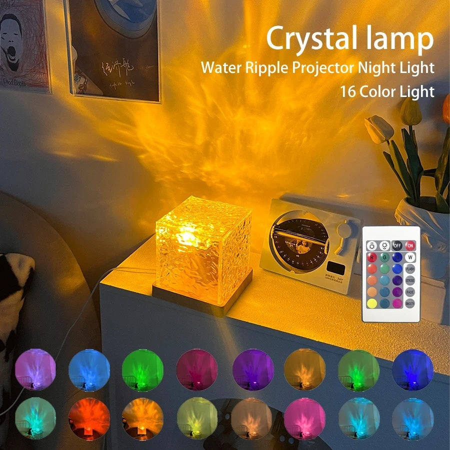 LED Water Ripple Crystal Table Lamp – USB RGB Rotating Night Light with 16 Colors