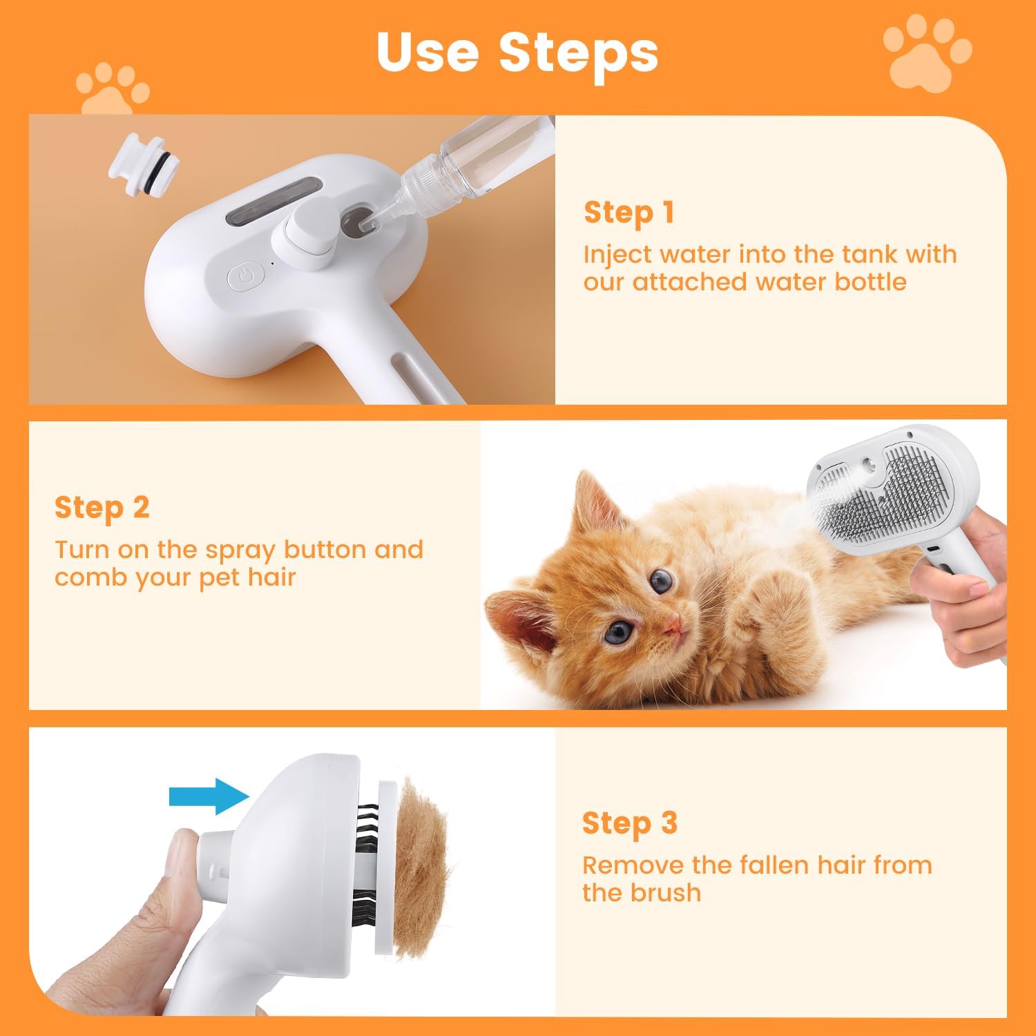 3-in-1 Pet Steam Brush for Cats & Dogs | Water Mist Spray Grooming Comb with Self-Cleaning Release Button | For Long & Short Hair Shedding