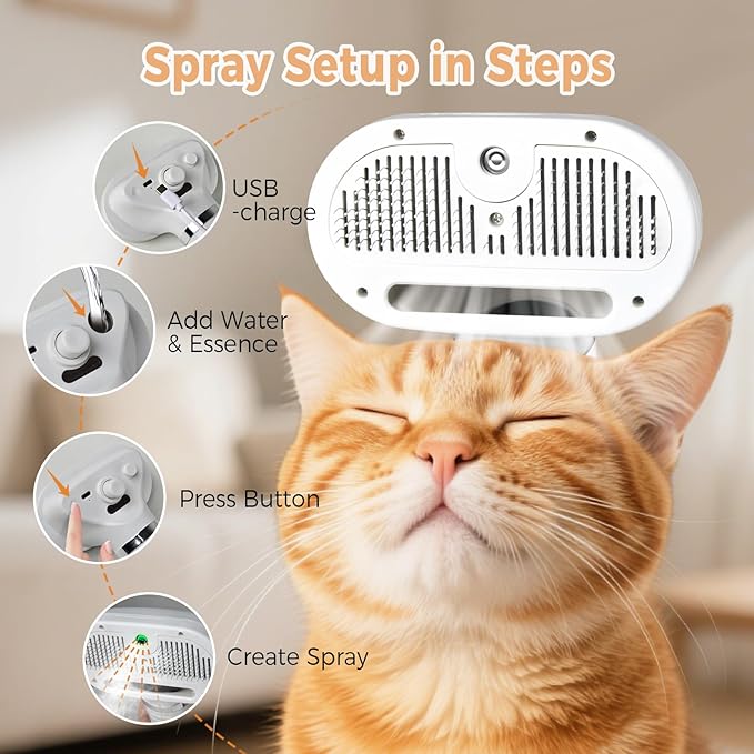 3-in-1 Pet Steam Brush for Cats & Dogs | Water Mist Spray Grooming Comb with Self-Cleaning Release Button | For Long & Short Hair Shedding
