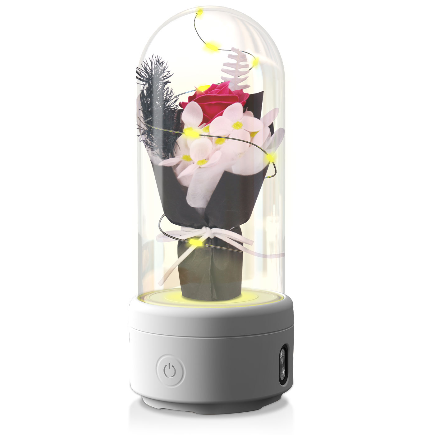2-in-1 Rose Bouquet LED Night Light with Bluetooth Speaker – Gift in Glass Dome