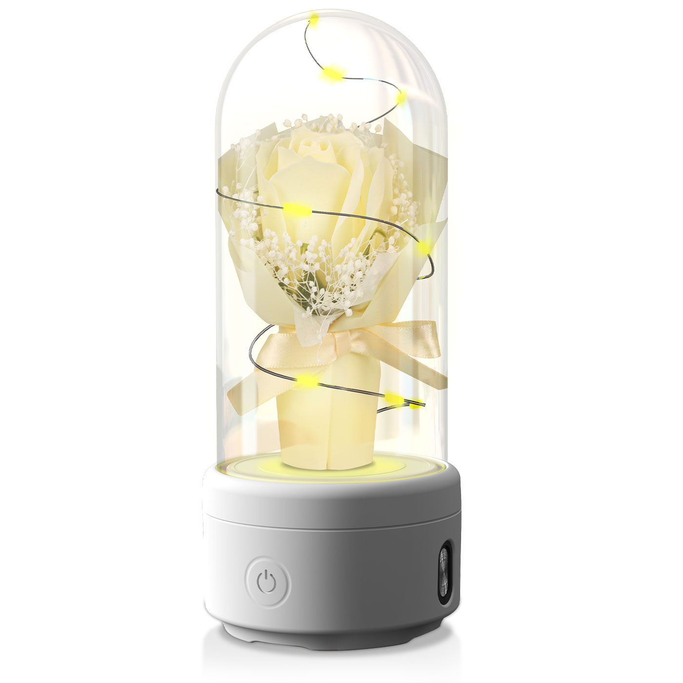 2-in-1 Rose Bouquet LED Night Light with Bluetooth Speaker – Gift in Glass Dome