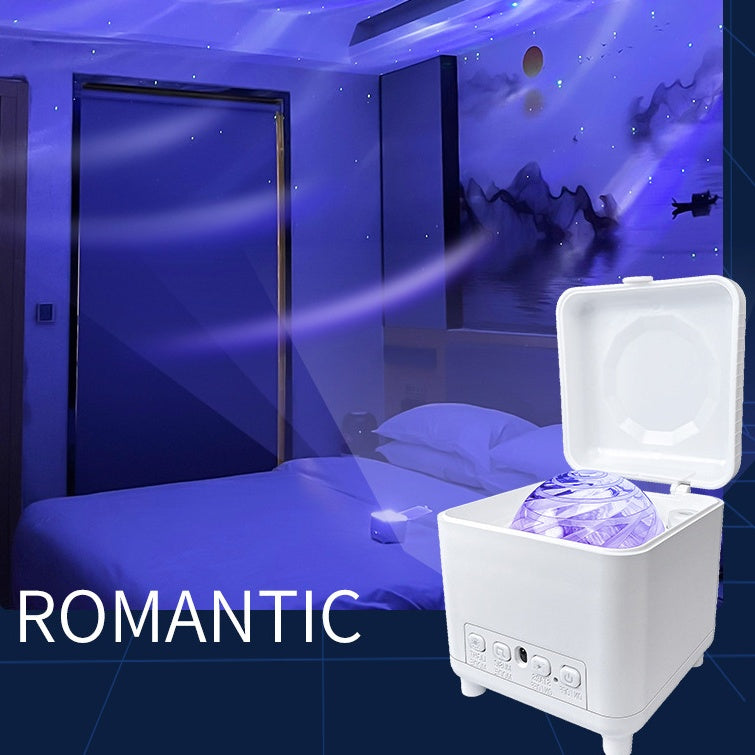 White humidifier emitting a blue light in a bedroom 