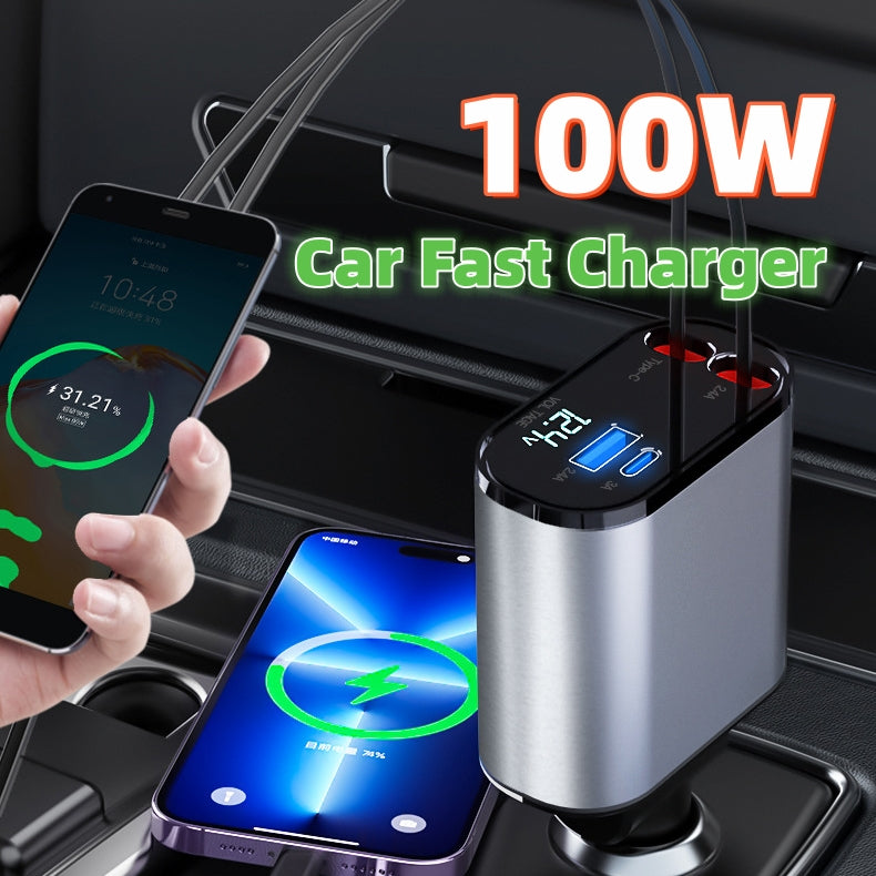 100W Metal Car Charger – Fast Charging USB & Type-C Adapter for Vehicle