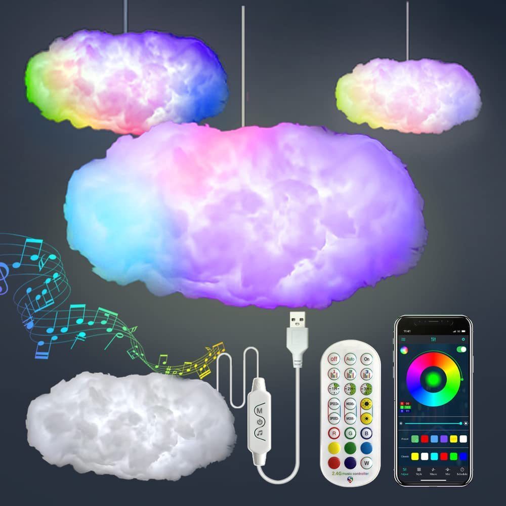 Colorful cloud-shaped light fixture with remote control and smartphone app on a dark background