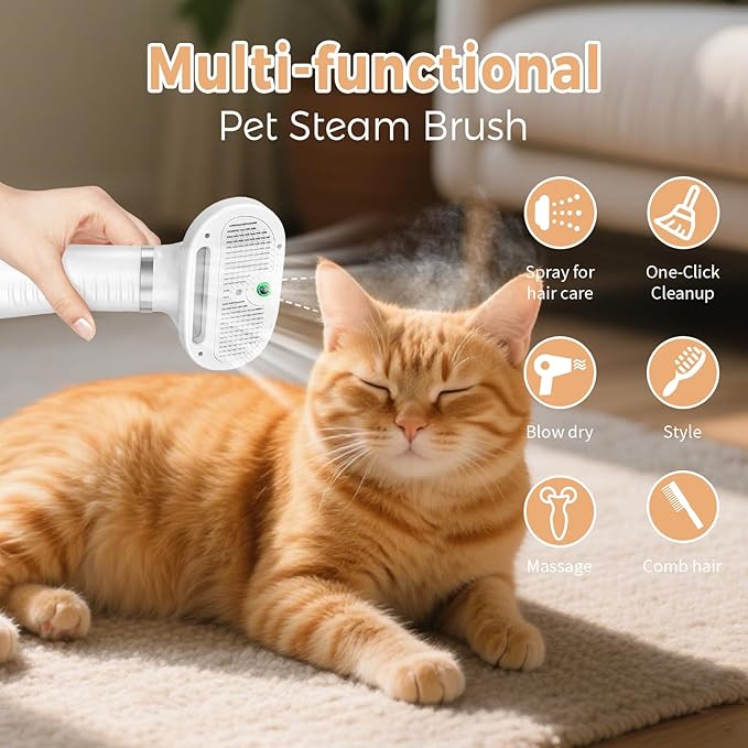 3-in-1 Pet Steam Brush for Cats & Dogs | Water Mist Spray Grooming Comb with Self-Cleaning Release Button | For Long & Short Hair Shedding