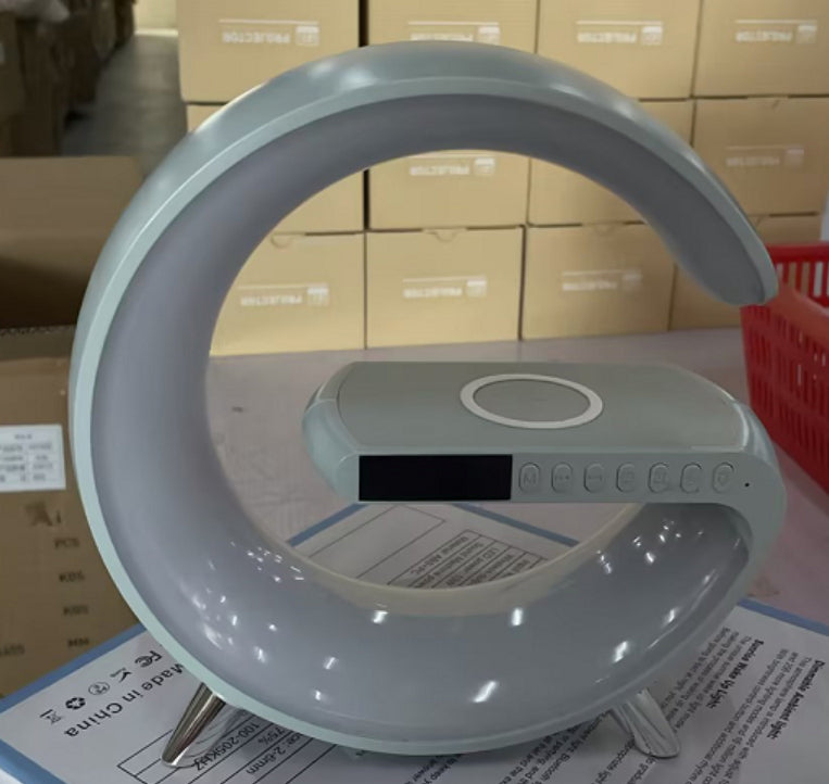 G-Shaped LED Lamp with Bluetooth Speaker & Wireless Charger – App-Controlled Ambient Light
