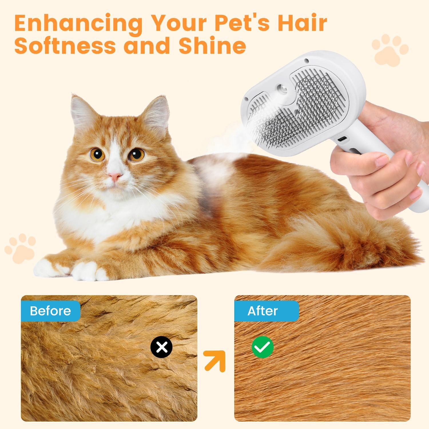 3-in-1 Pet Steam Brush for Cats & Dogs | Water Mist Spray Grooming Comb with Self-Cleaning Release Button | For Long & Short Hair Shedding