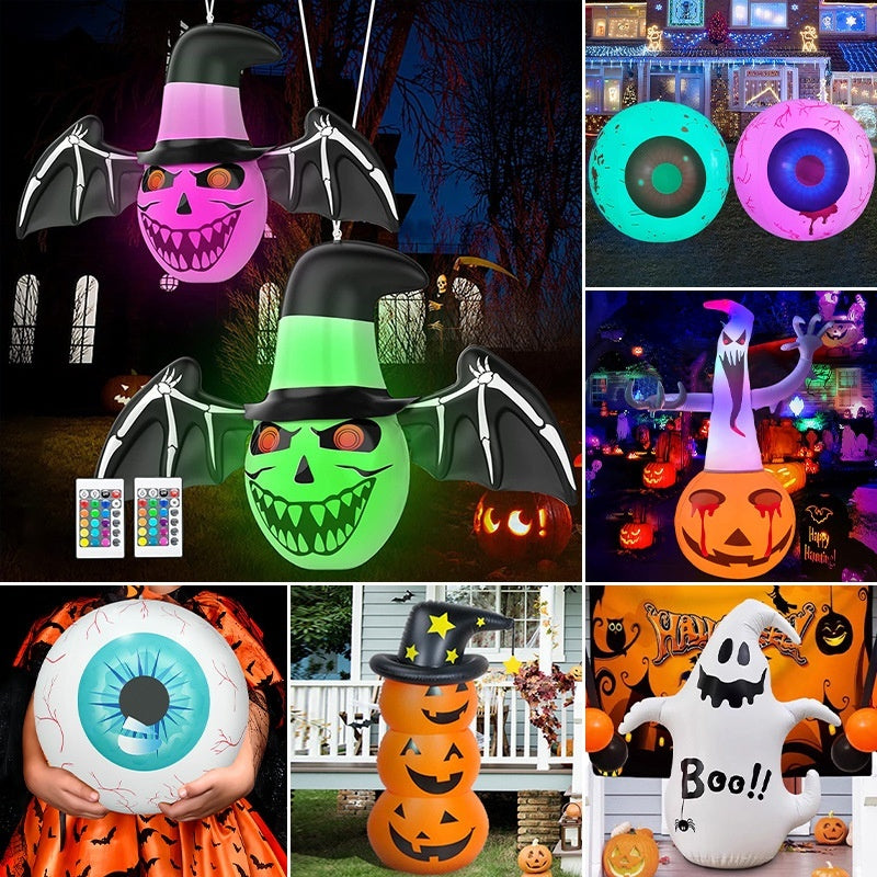 Collage of Halloween-themed inflatable decorations including a bat, witch, ghost, and pumpkin.