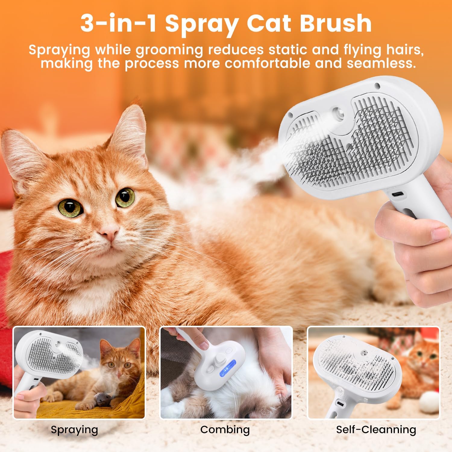 3-in-1 Pet Steam Brush for Cats & Dogs | Water Mist Spray Grooming Comb with Self-Cleaning Release Button | For Long & Short Hair Shedding