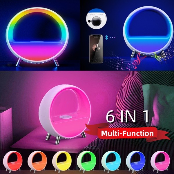 Colorful LED lamp with smartphone control and multiple color options on a dark background