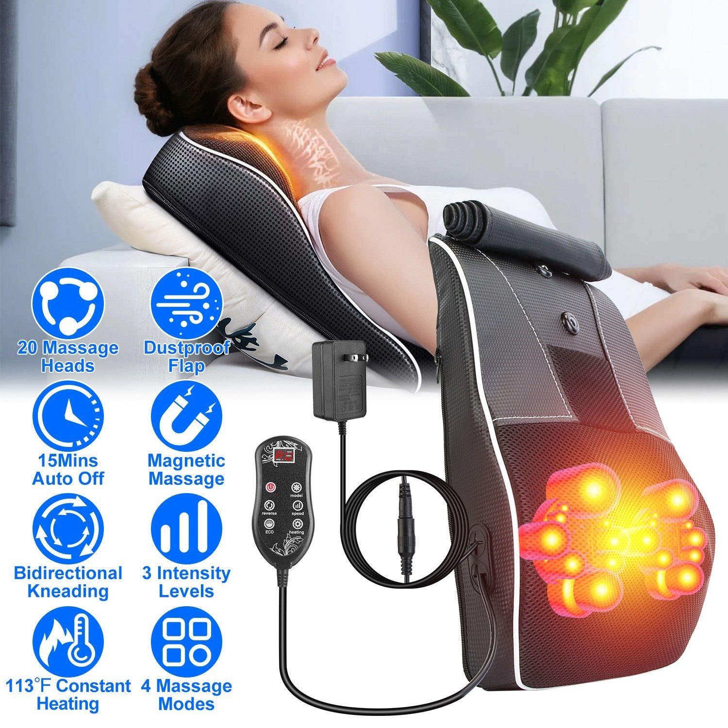 Woman using a massage chair with various massage functions displayed on screen