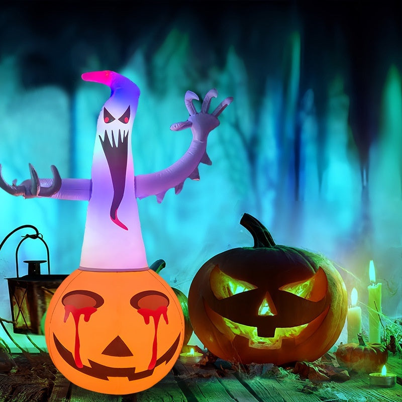 Halloween-themed inflatable a bat, witch, ghost, and pumpkin